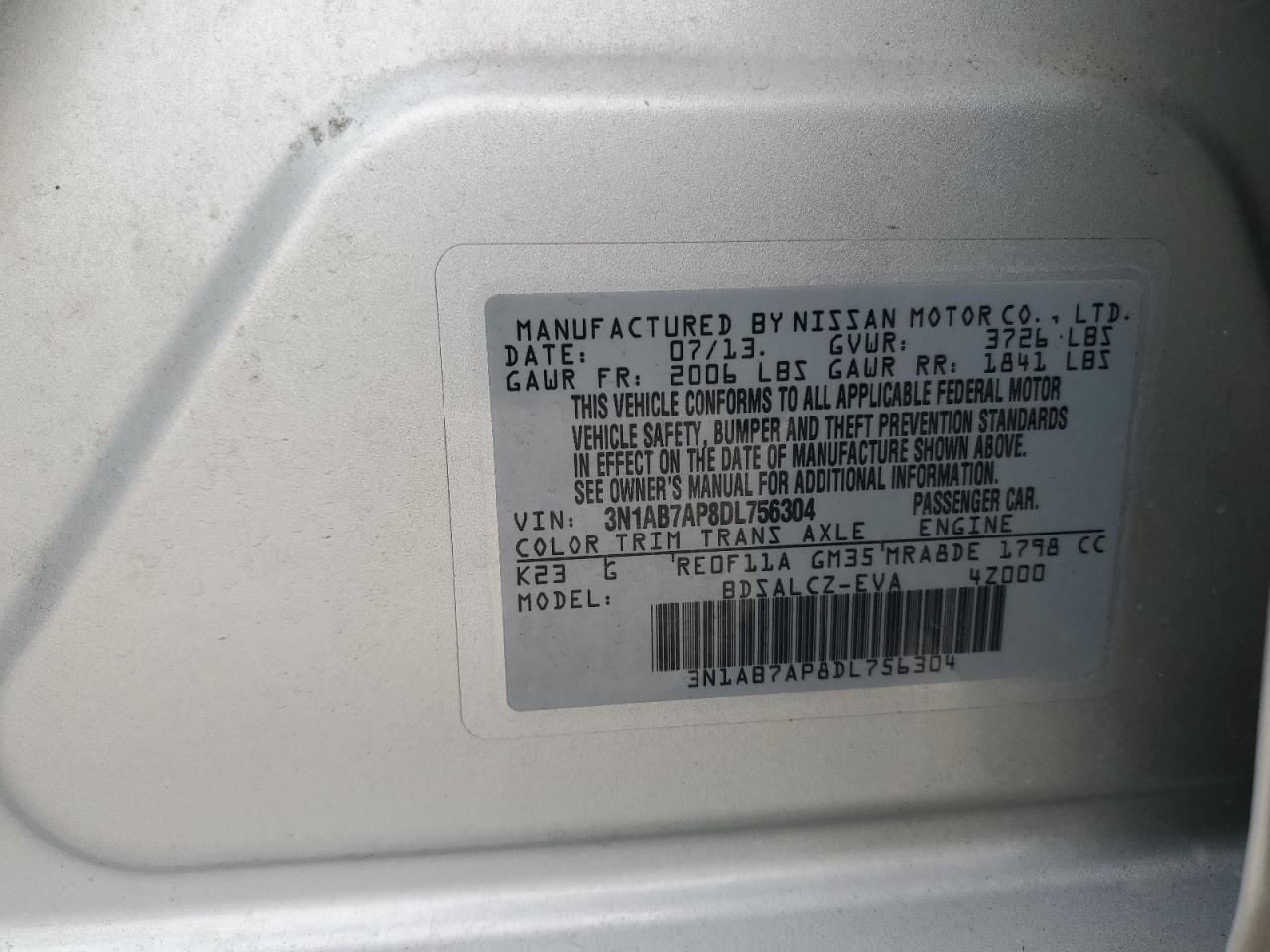 2013 Nissan Sentra S VIN: 3N1AB7AP8DL756304 Lot: 84647835