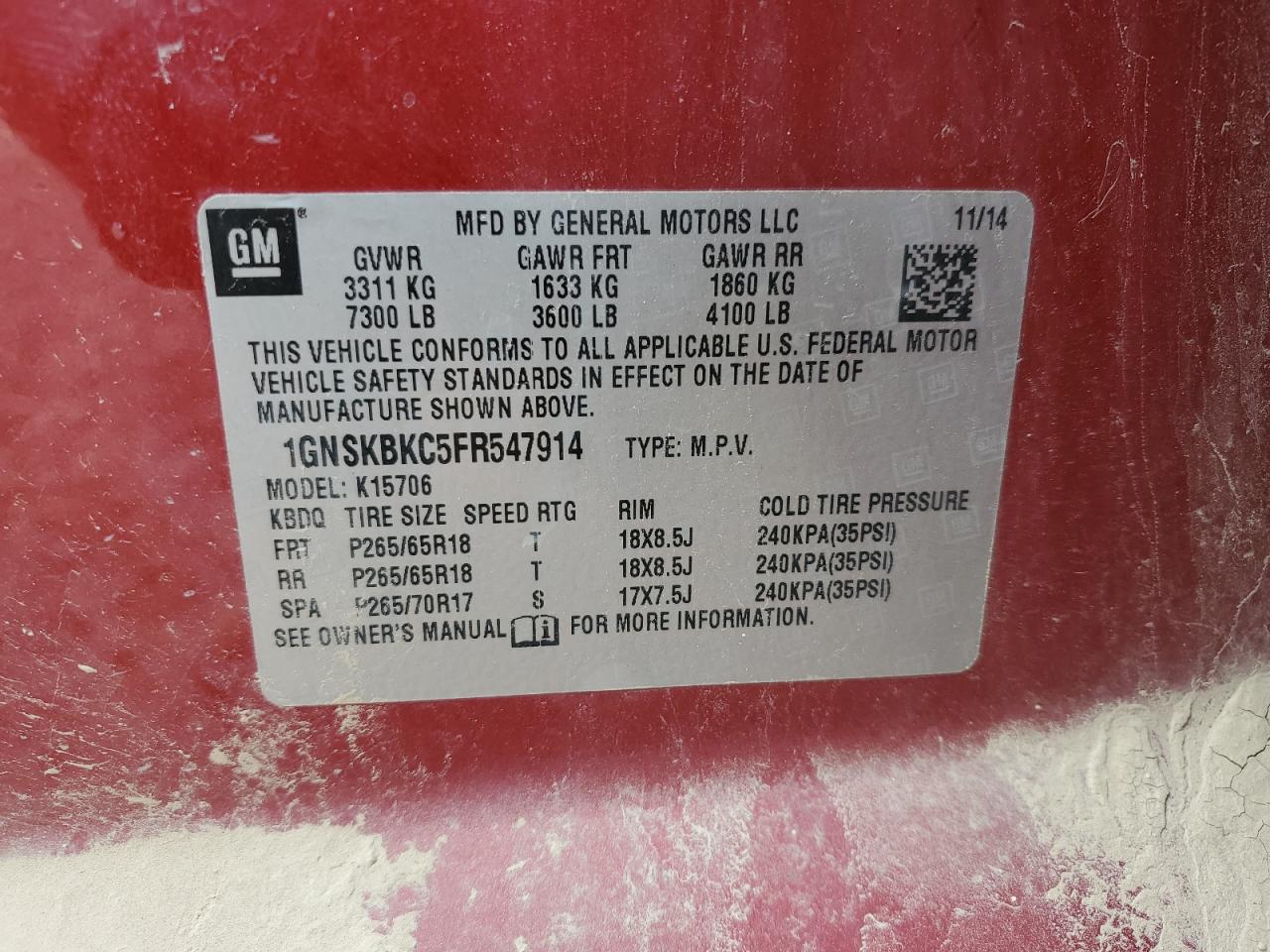 2015 Chevrolet Tahoe K1500 Lt VIN: 1GNSKBKC5FR547914 Lot: 84553605