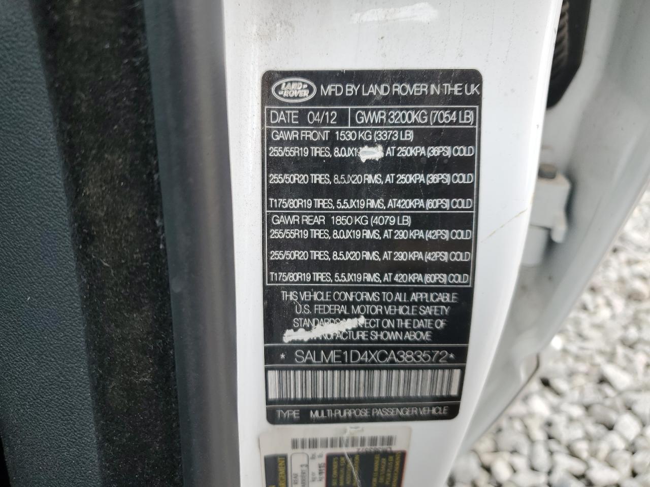 2012 Land Rover Range Rover Hse VIN: SALME1D4XCA383572 Lot: 81543555