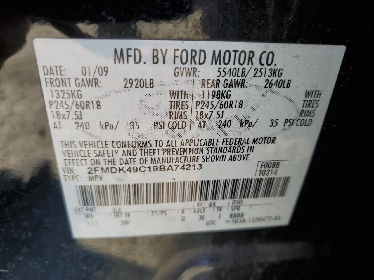 2009 Ford Edge Limited VIN: 2FMDK49C19BA74213 Lot: 80521805