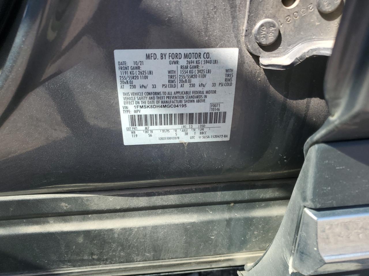 2021 Ford Explorer Xlt VIN: 1FMSK8DH4MGC04195 Lot: 80999455