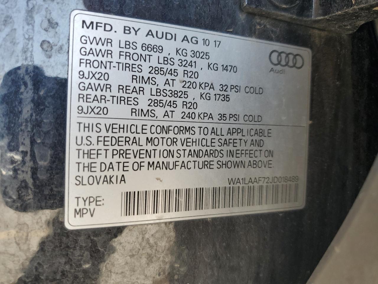 2018 Audi Q7 Premium Plus VIN: WA1LAAF72JD018489 Lot: 81266995