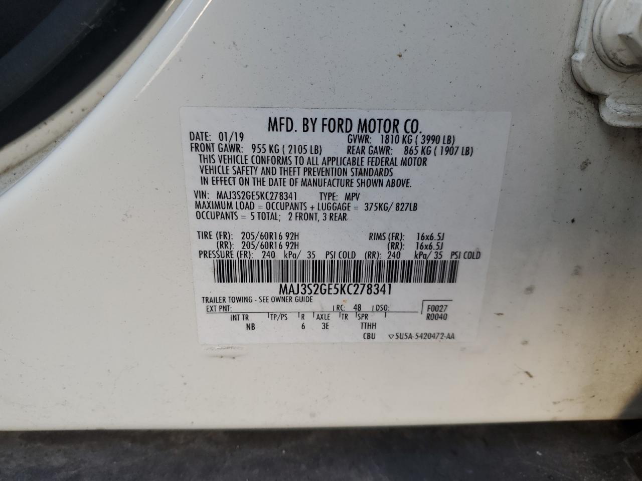 2019 Ford Ecosport Se VIN: MAJ3S2GE5KC278341 Lot: 80064135