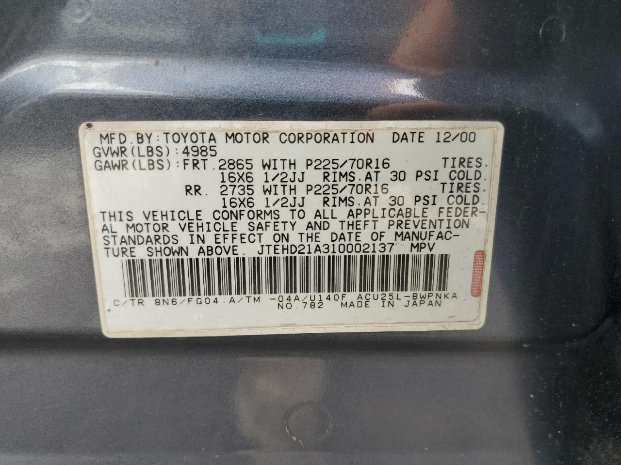 2001 Toyota Highlander VIN: JTEHD21A310002137 Lot: 80987595