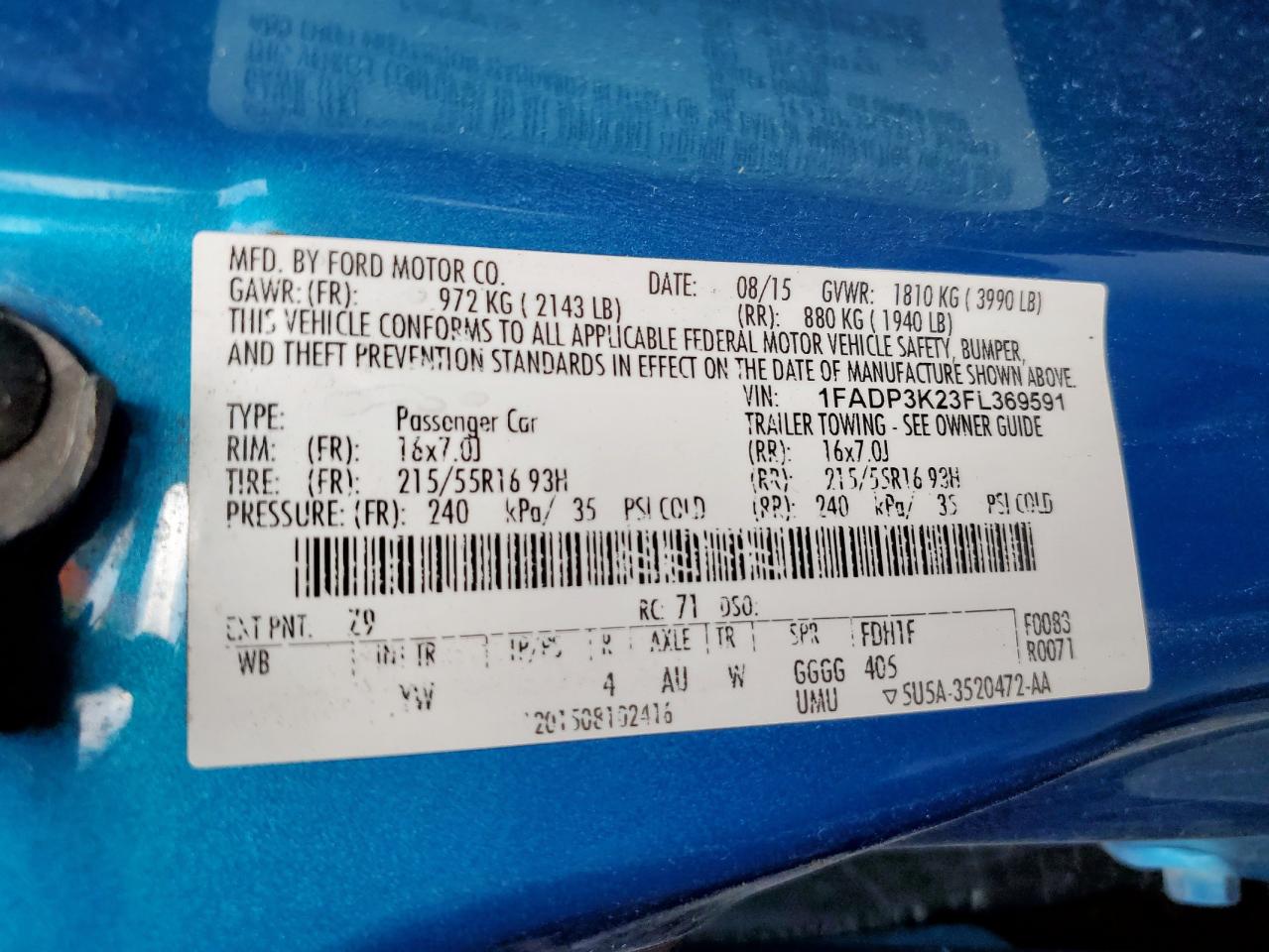 2015 Ford Focus Se VIN: 1FADP3K23FL369591 Lot: 81592755