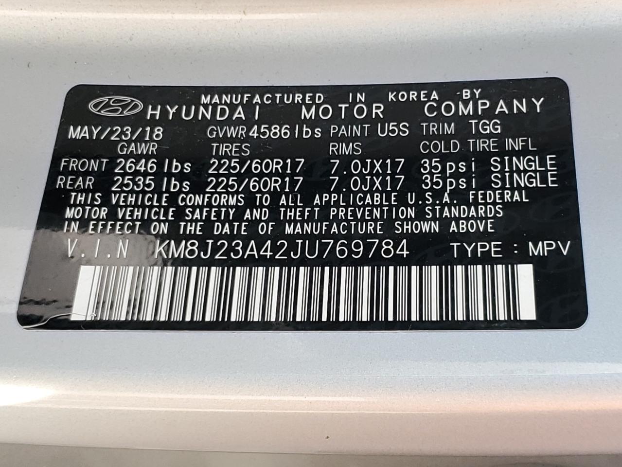 2018 Hyundai Tucson Se VIN: KM8J23A42JU769784 Lot: 80096055