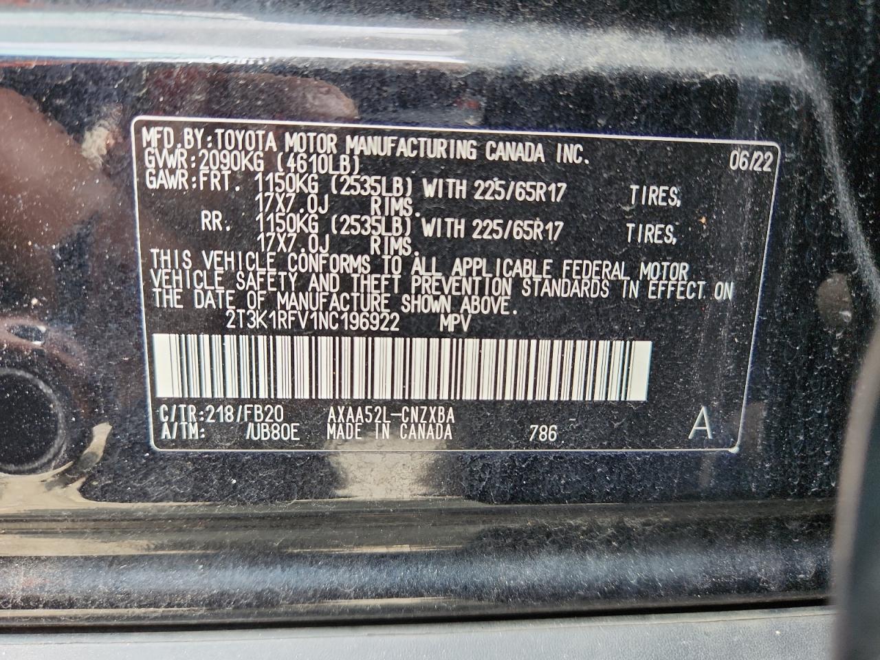 2022 Toyota Rav4 Le VIN: 2T3K1RFV1NC196922 Lot: 71877195