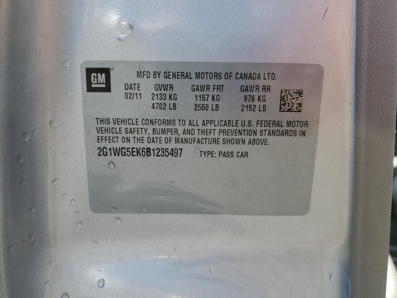 2011 Chevrolet Impala Lt VIN: 2G1WG5EK6B1235497 Lot: 71475625