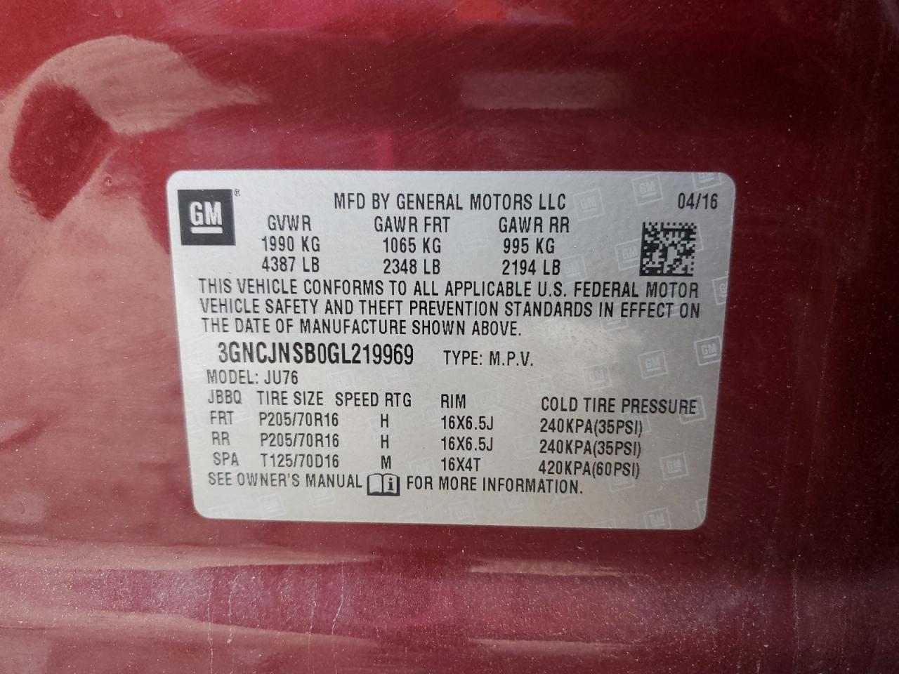 2016 Chevrolet Trax Ls VIN: 3GNCJNSB0GL219969 Lot: 82099405