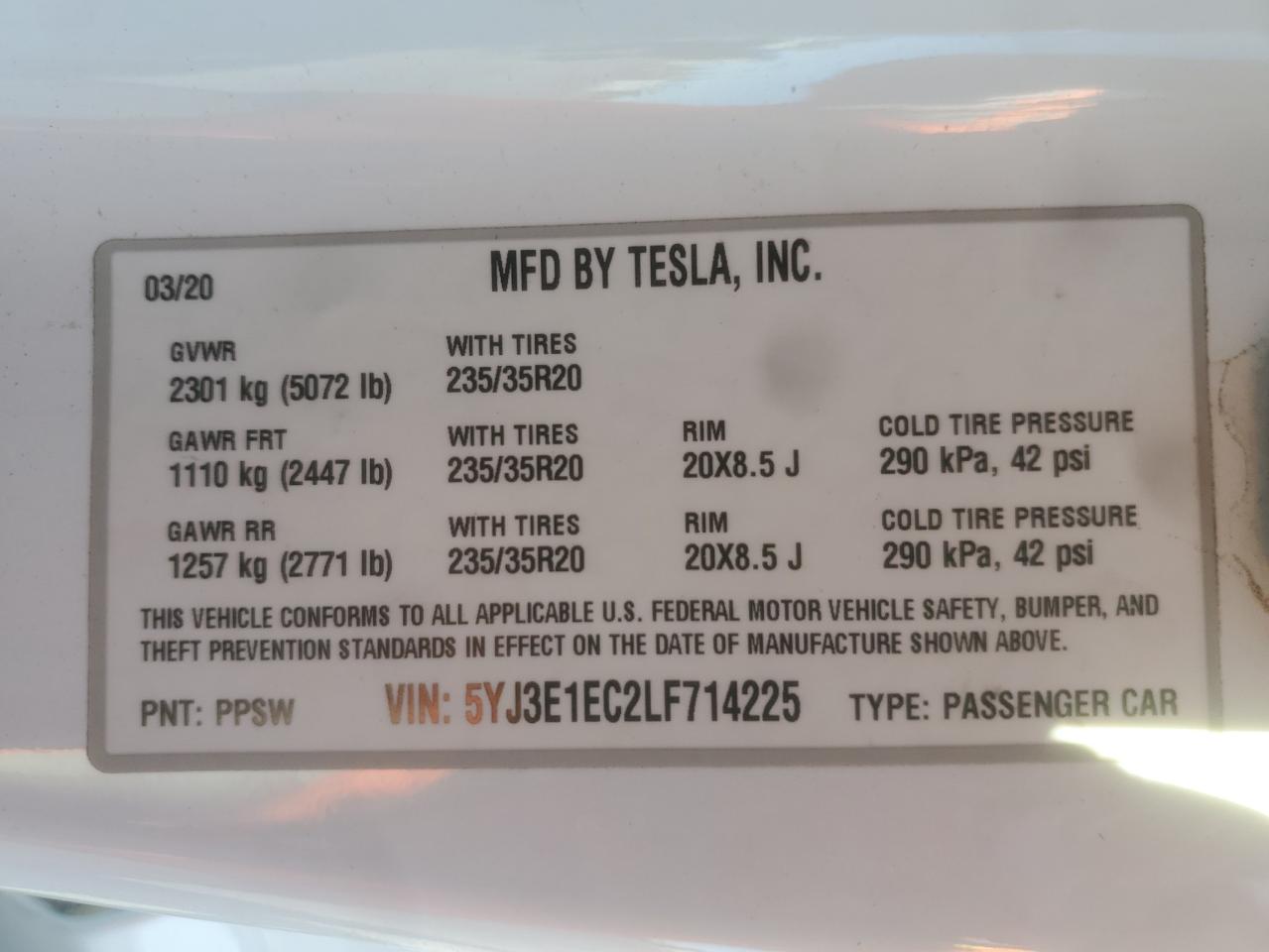 2020 Tesla Model 3 VIN: 5YJ3E1EC2LF714225 Lot: 84803045