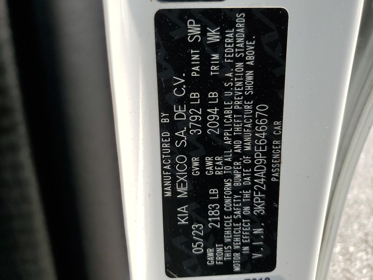 2023 Kia Forte Lx VIN: 3KPF24AD9PE646670 Lot: 71280525