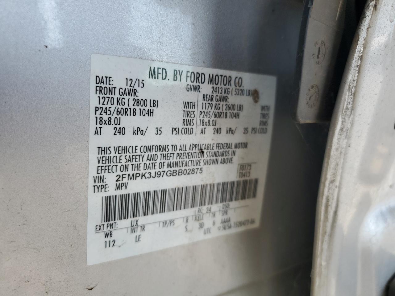 2016 Ford Edge Sel VIN: 2FMPK3J97GBB02875 Lot: 81000775