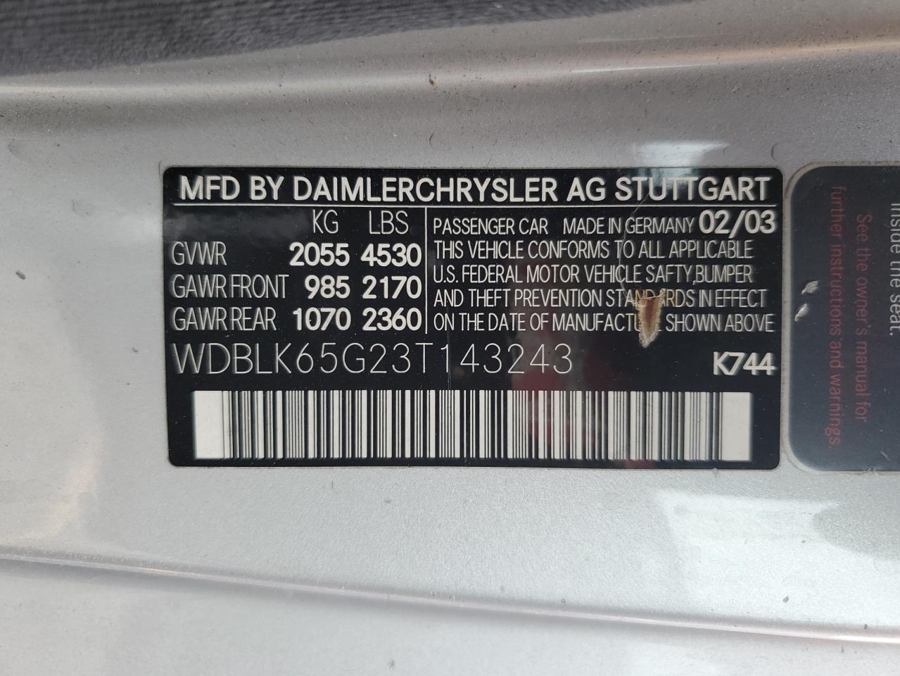 2003 Mercedes-Benz Clk 320 VIN: WDBLK65G23T143243 Lot: 81519055