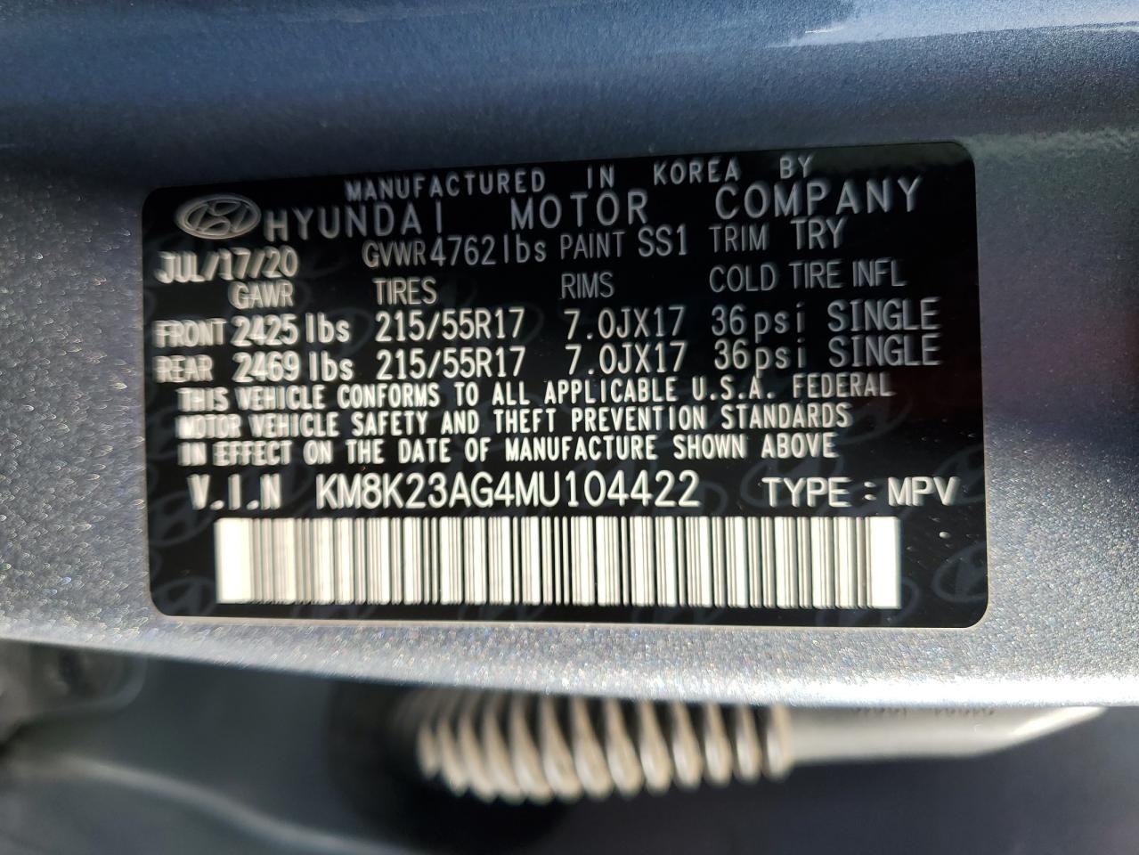 2021 Hyundai Kona Sel VIN: KM8K23AG4MU104422 Lot: 71551835