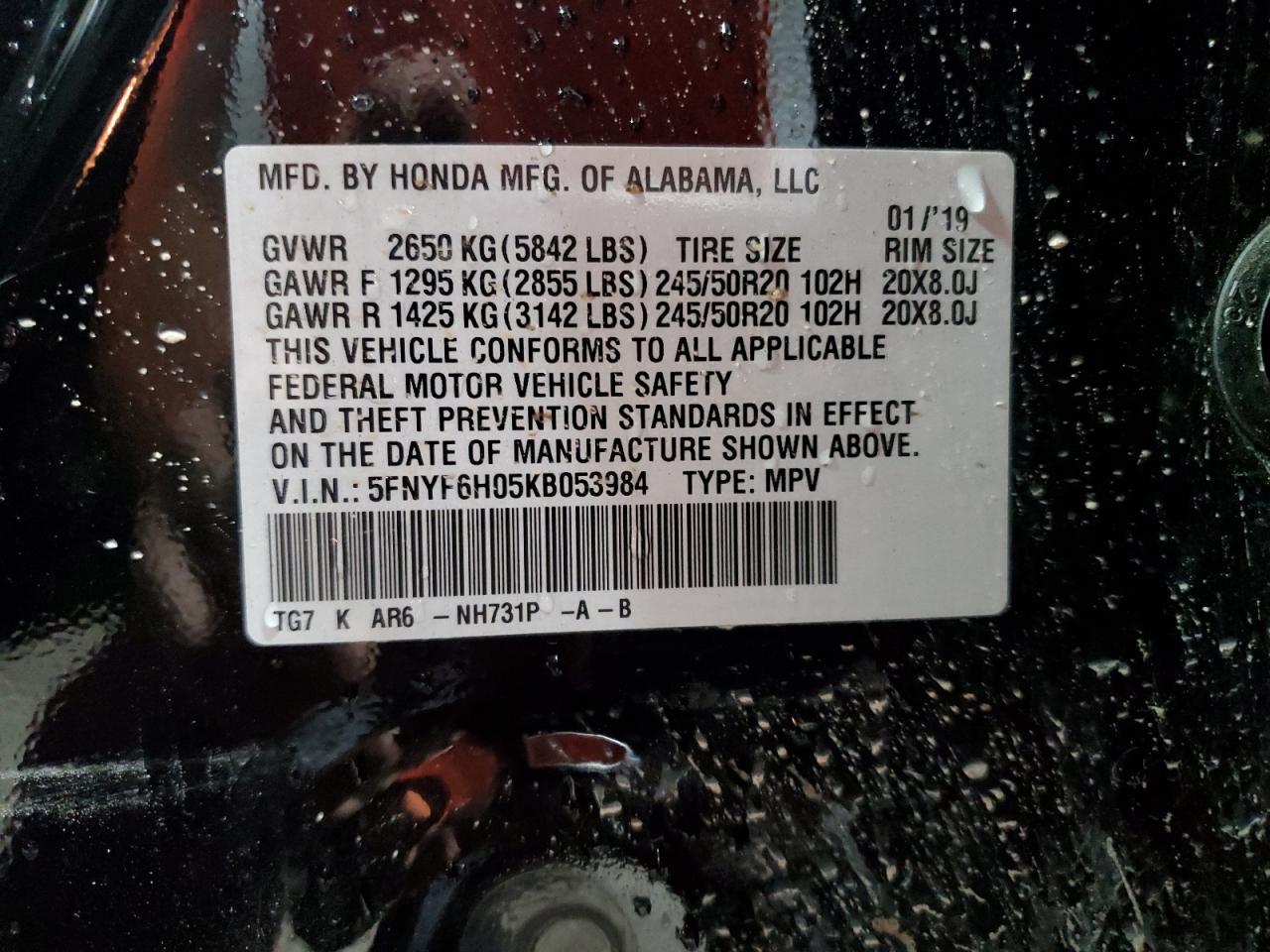 2019 Honda Pilot Elite VIN: 5FNYF6H05KB053984 Lot: 84276995