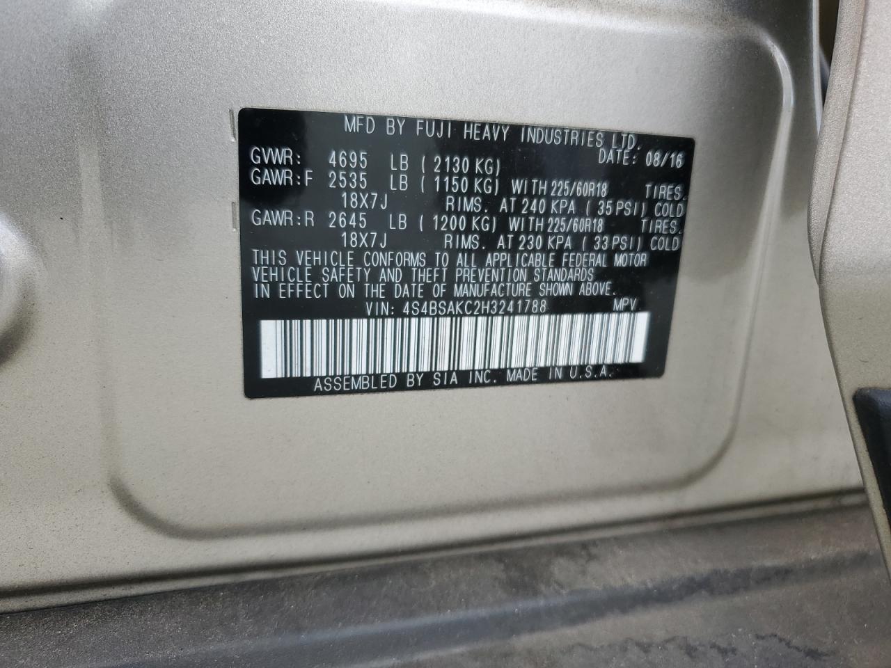 2017 Subaru Outback 2.5I Limited VIN: 4S4BSAKC2H3241788 Lot: 81816865