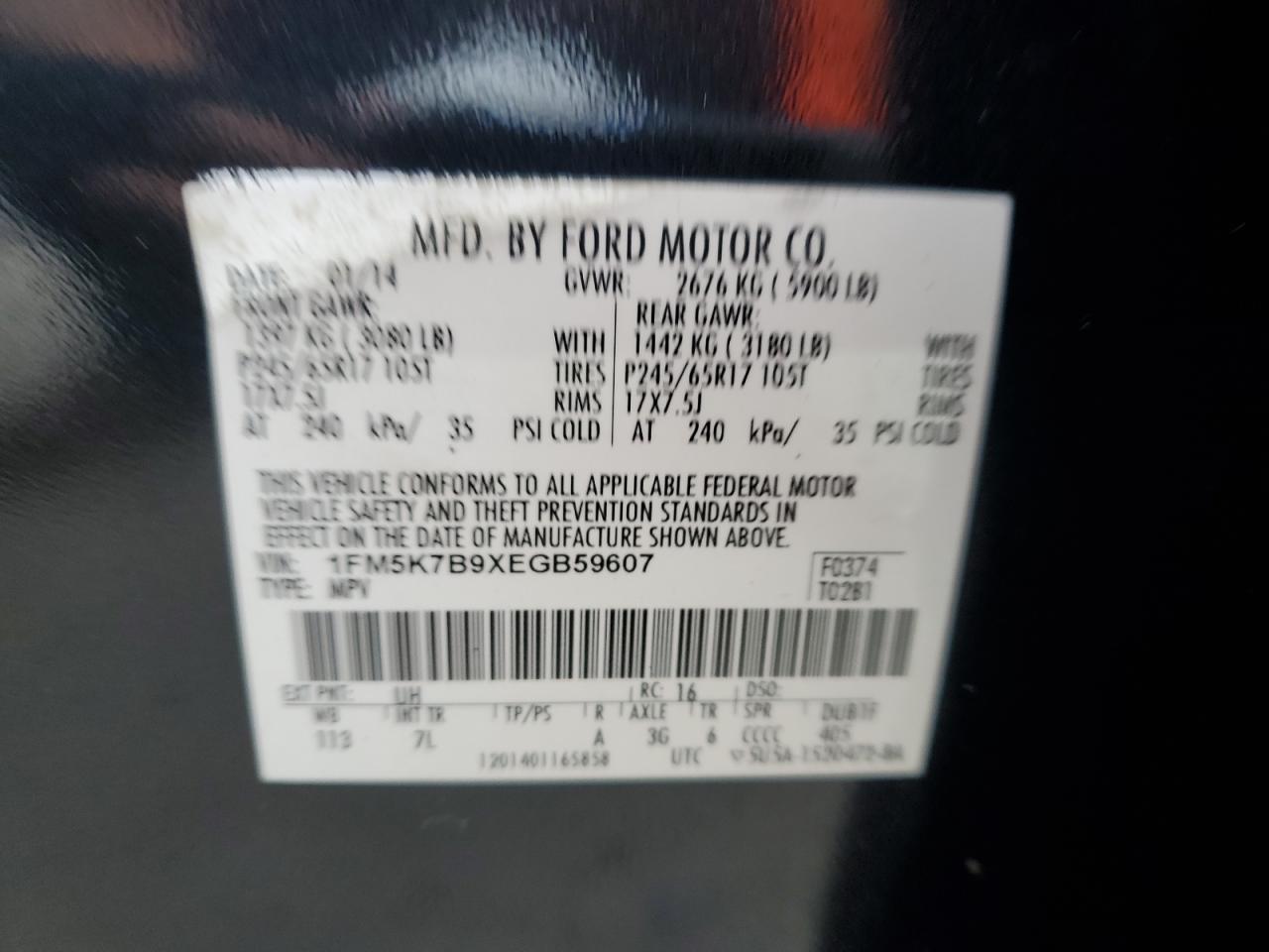 2014 Ford Explorer VIN: 1FM5K7B9XEGB59607 Lot: 81380015