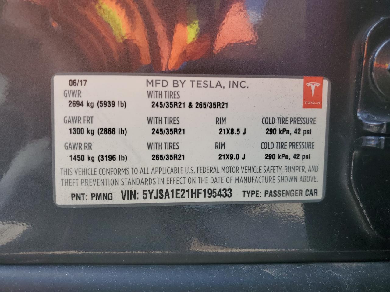 2017 Tesla Model S VIN: 5YJSA1E21HF195433 Lot: 81153965