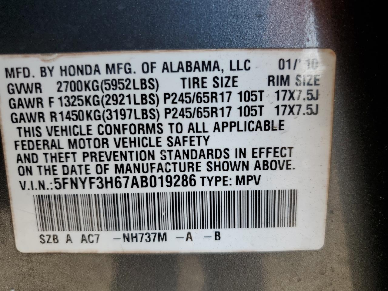2010 Honda Pilot Exl VIN: 5FNYF3H67AB019286 Lot: 81469425