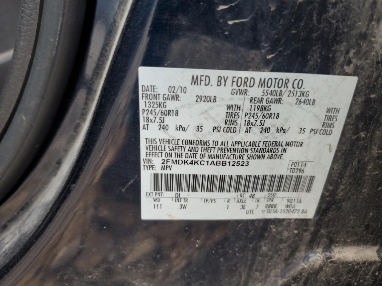 2010 Ford Edge Limited VIN: 2FMDK4KC1ABB12523 Lot: 81292565