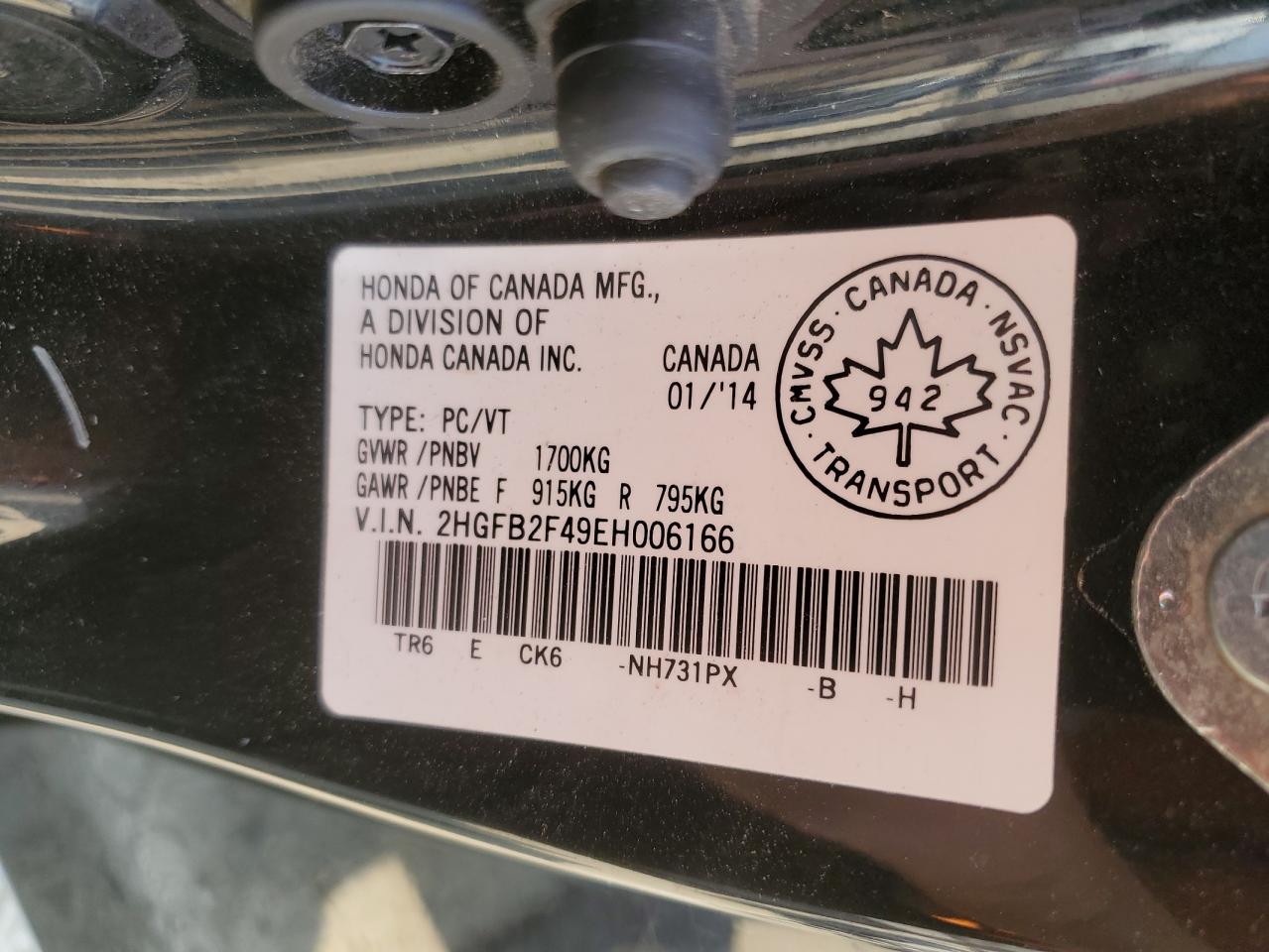 2014 Honda Civic Lx VIN: 2HGFB2F49EH006166 Lot: 71529245