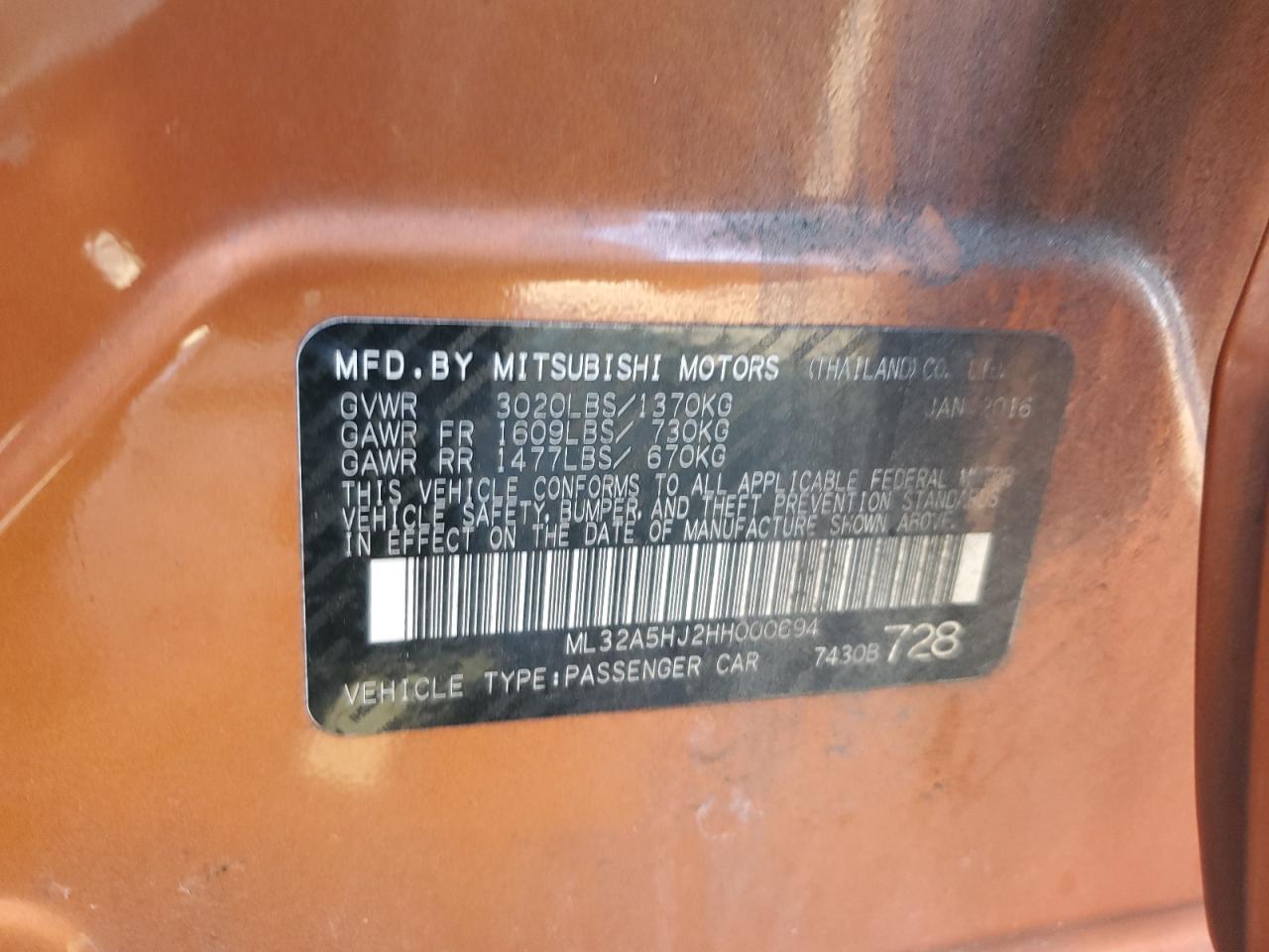 2017 Mitsubishi Mirage Gt VIN: ML32A5HJ2HH000694 Lot: 80092695