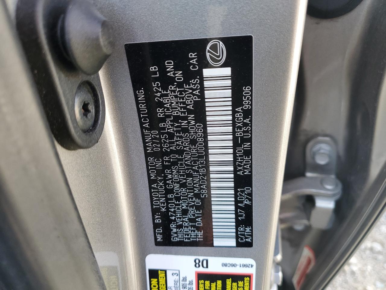 2020 Lexus Es 300H VIN: 58AD21B13LU008960 Lot: 80393405