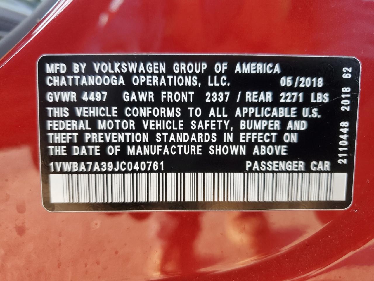 2018 Volkswagen Passat Se VIN: 1VWBA7A39JC040761 Lot: 84818605