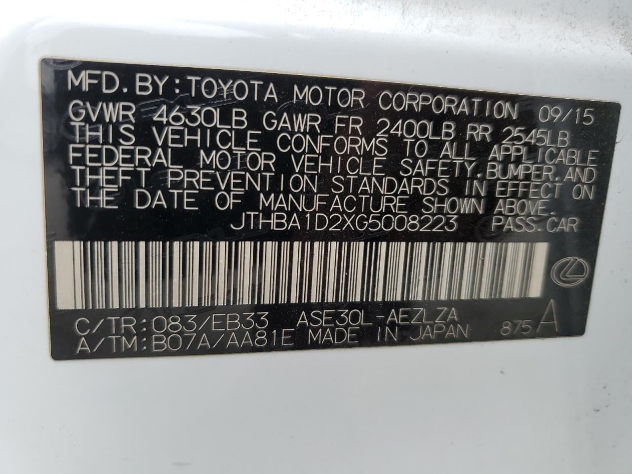 2016 Lexus Is 200T VIN: JTHBA1D2XG5008223 Lot: 84244045