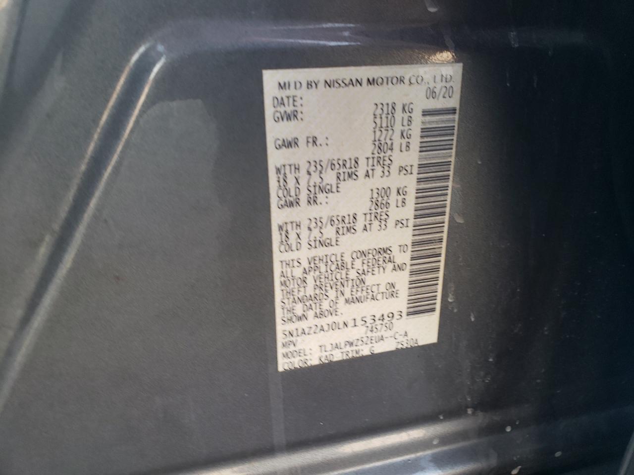 2020 Nissan Murano S VIN: 5N1AZ2AJ0LN153493 Lot: 80807665