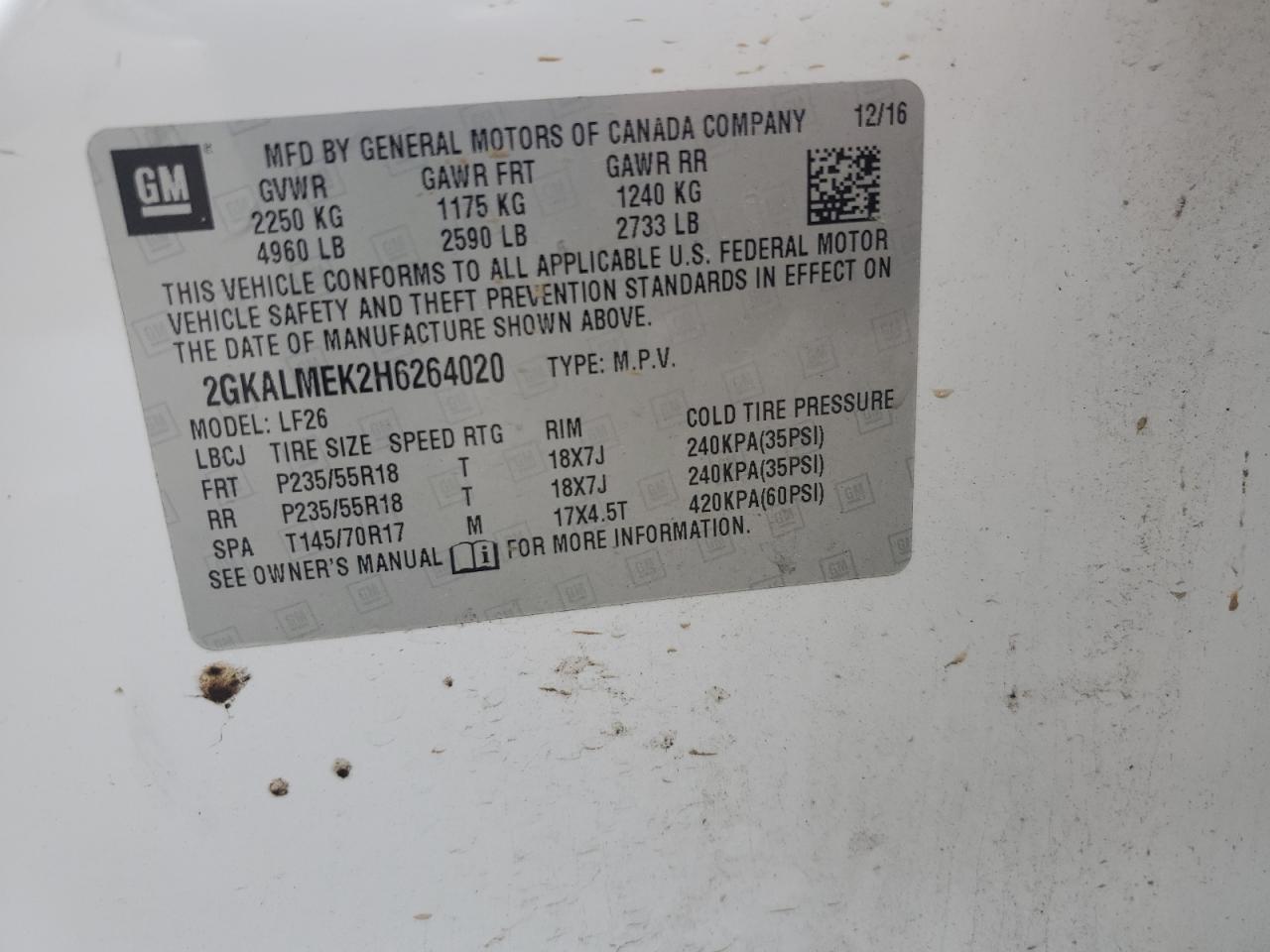 2017 GMC Terrain Sle VIN: 2GKALMEK2H6264020 Lot: 80687625