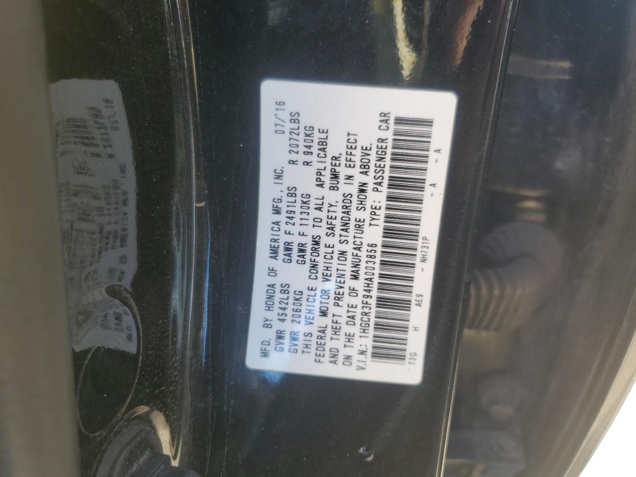 2017 Honda Accord Touring VIN: 1HGCR3F94HA003856 Lot: 82158625