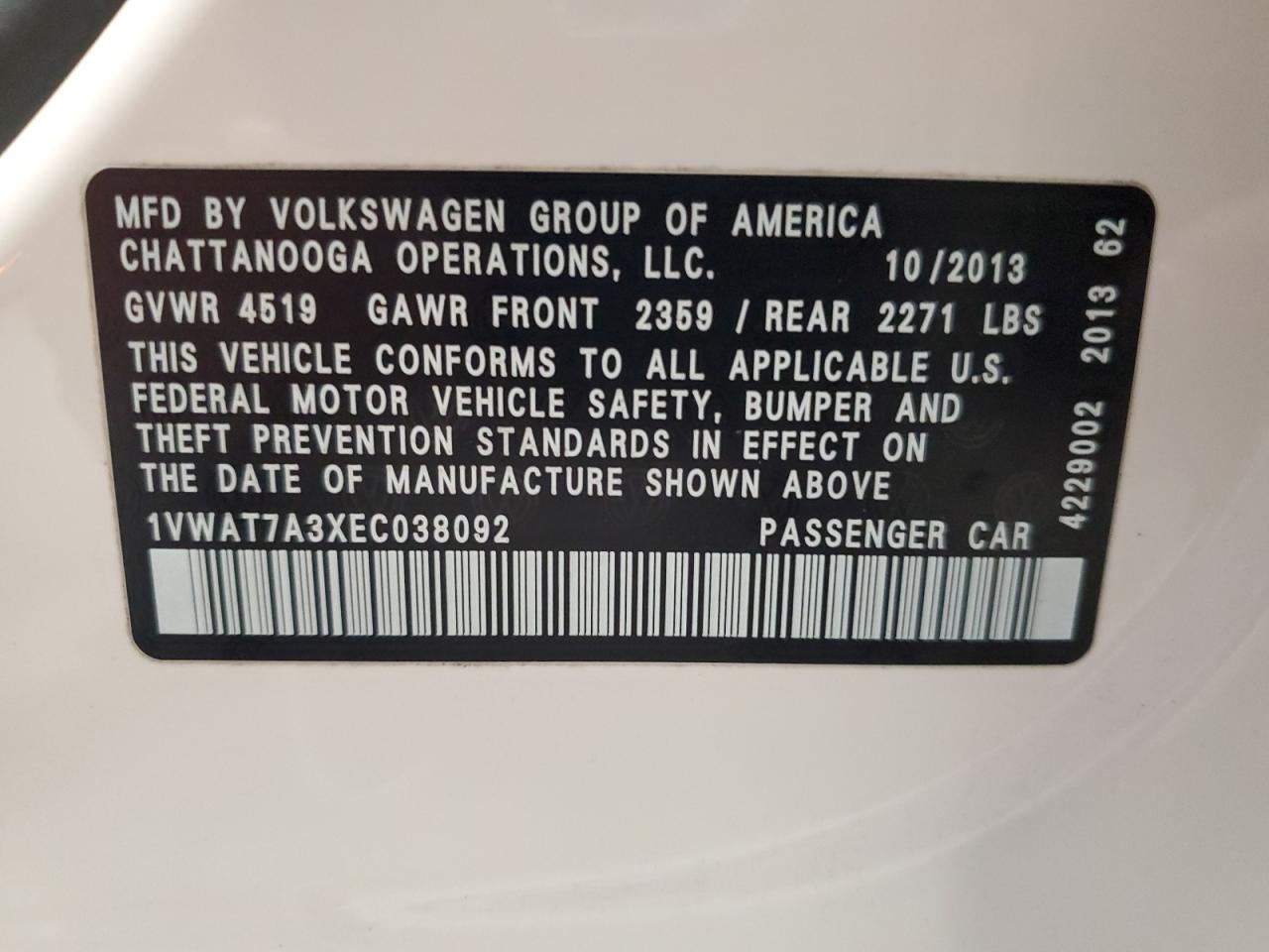 2014 Volkswagen Passat S VIN: 1VWAT7A3XEC038092 Lot: 81437885