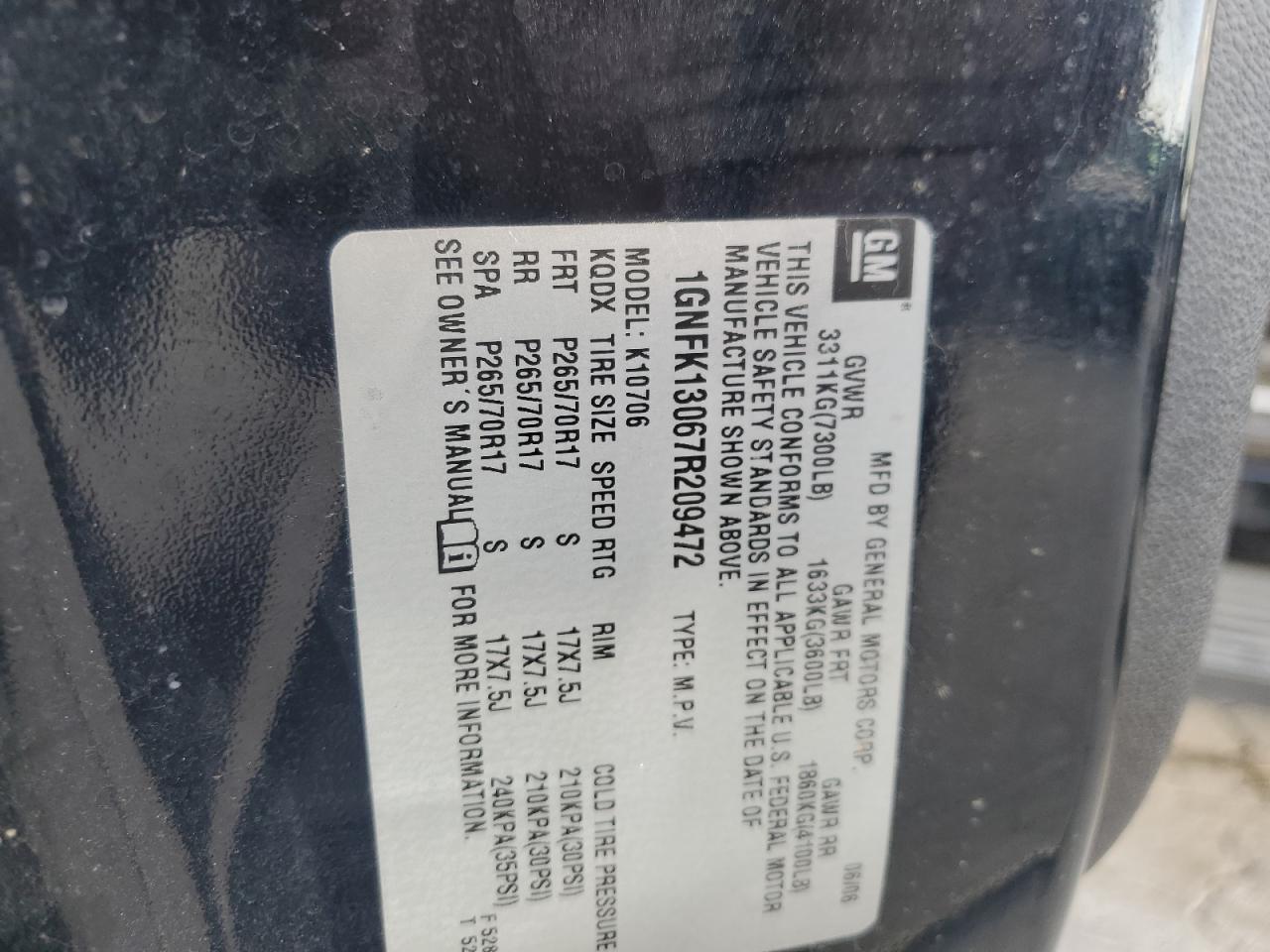 2007 Chevrolet Tahoe K1500 VIN: 1GNFK13067R209472 Lot: 84578045