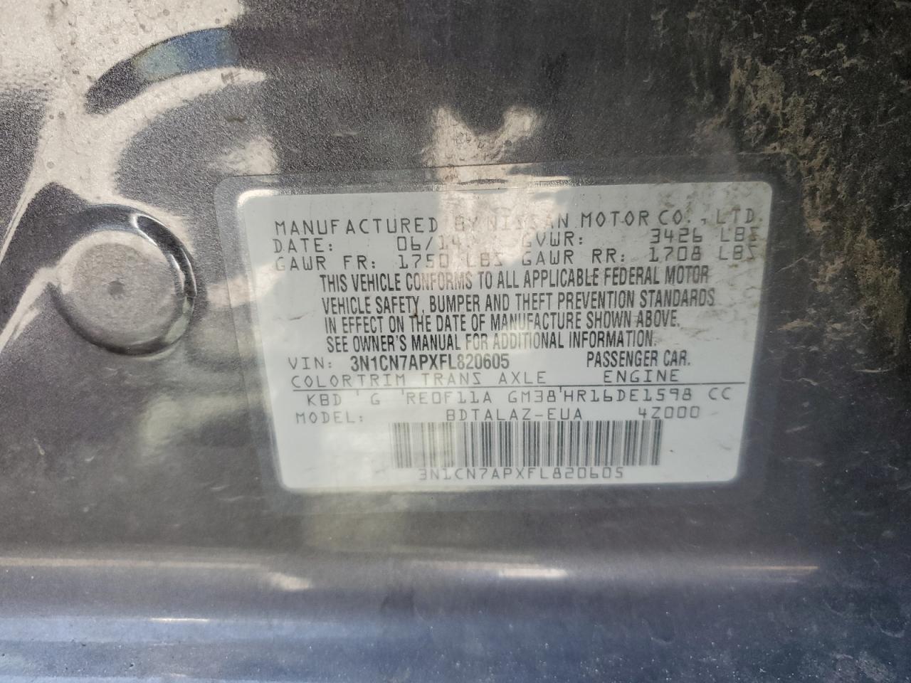 2015 Nissan Versa S VIN: 3N1CN7APXFL820605 Lot: 81628795