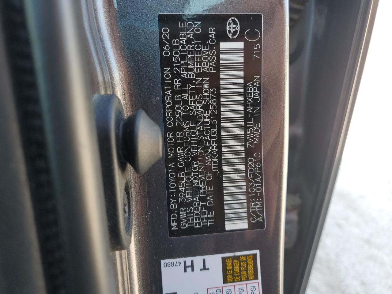 2020 Toyota Prius L VIN: JTDKARFU3L3125873 Lot: 81081375