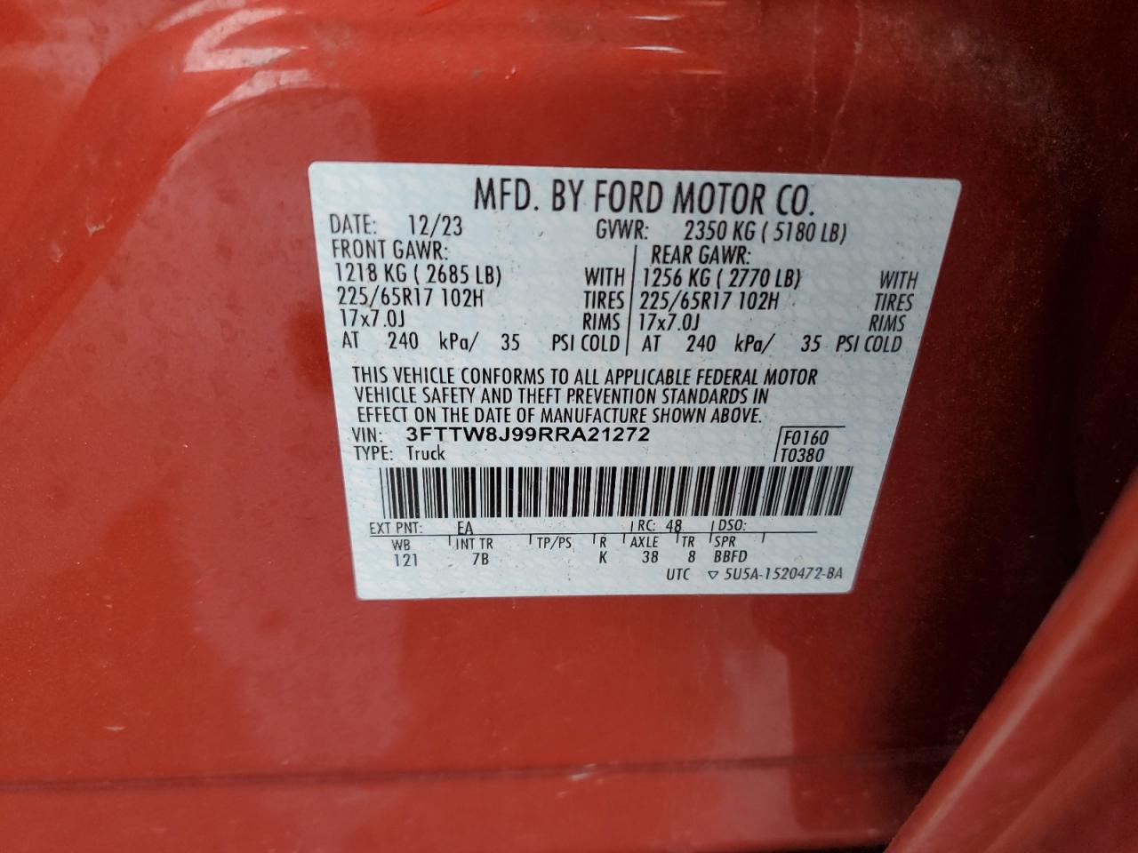 2024 Ford Maverick Xlt VIN: 3FTTW8J99RRA21272 Lot: 82074665