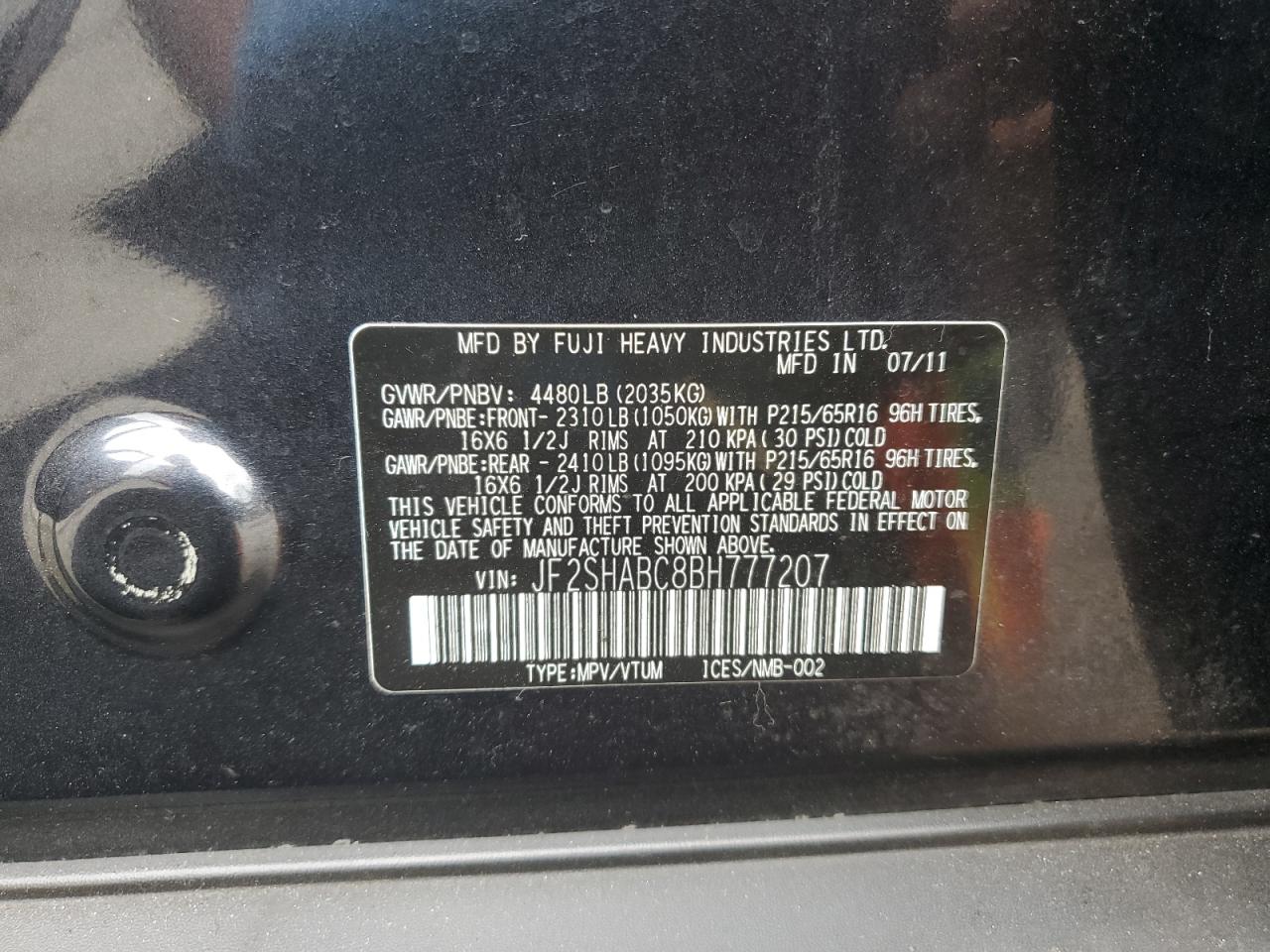 2011 Subaru Forester 2.5X VIN: JF2SHABC8BH777207 Lot: 81705925