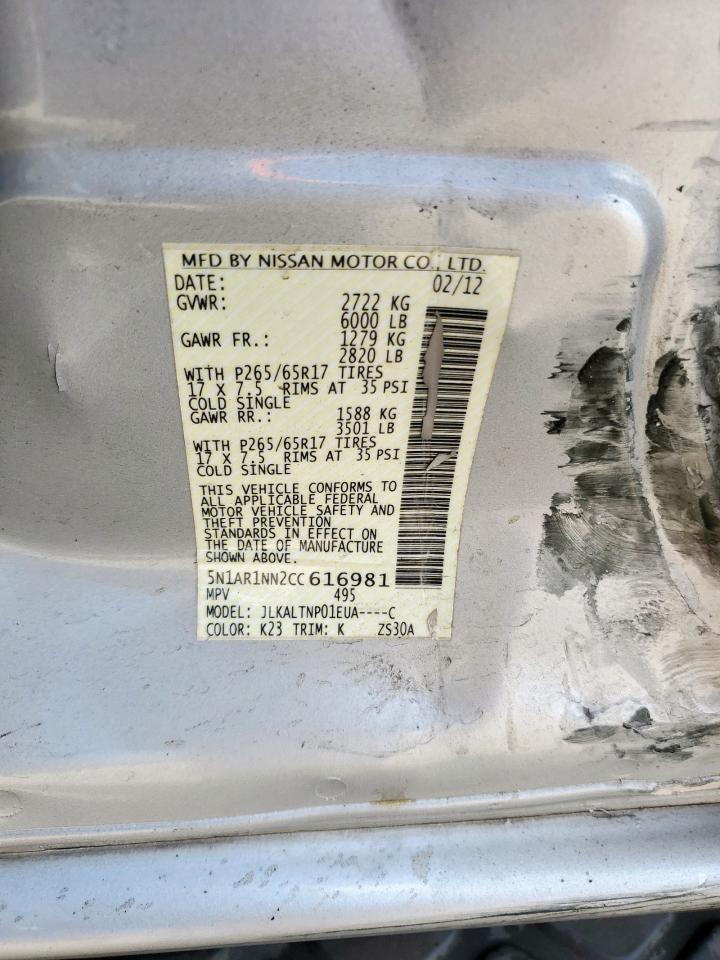 2012 Nissan Pathfinder S VIN: 5N1AR1NN2CC616981 Lot: 81334465