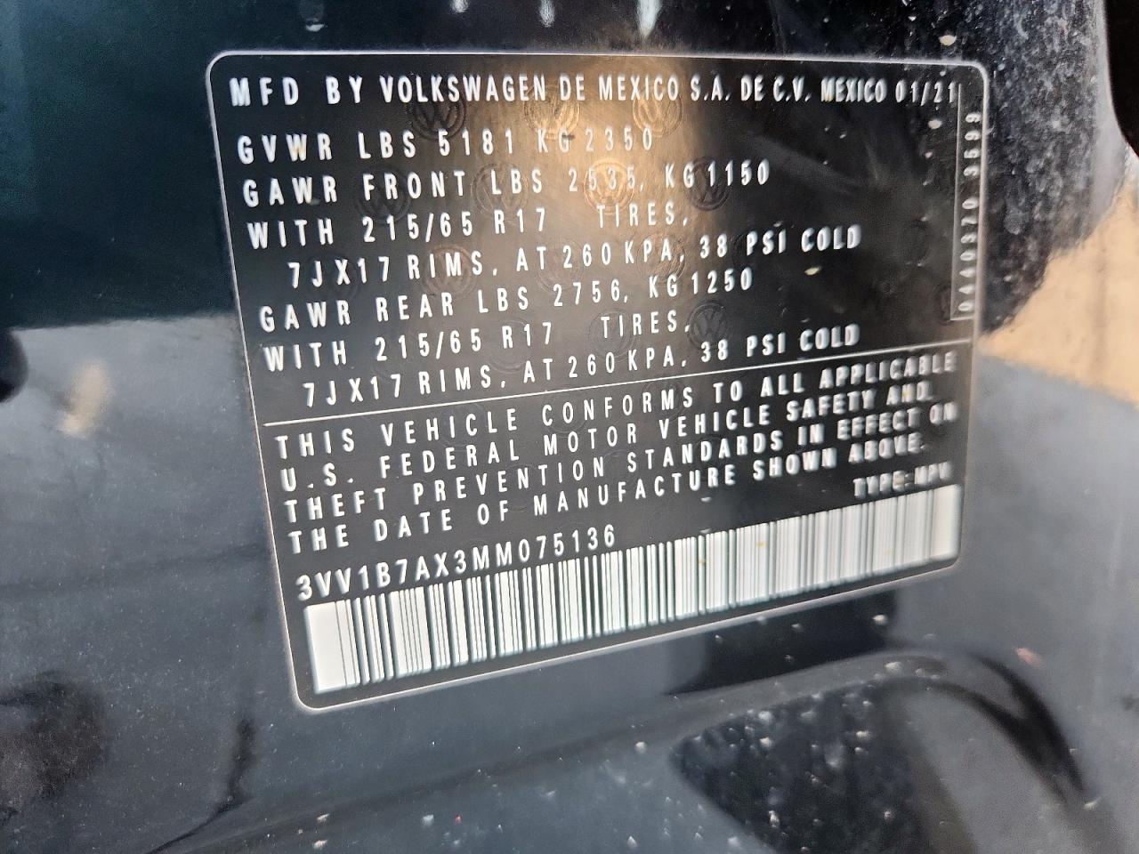 2021 Volkswagen Tiguan S VIN: 3VV1B7AX3MM075136 Lot: 80961625