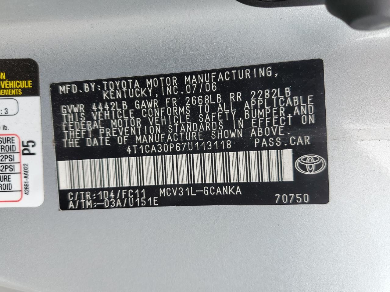 2007 Toyota Camry Solara Se VIN: 4T1CA30P67U113118 Lot: 82077155