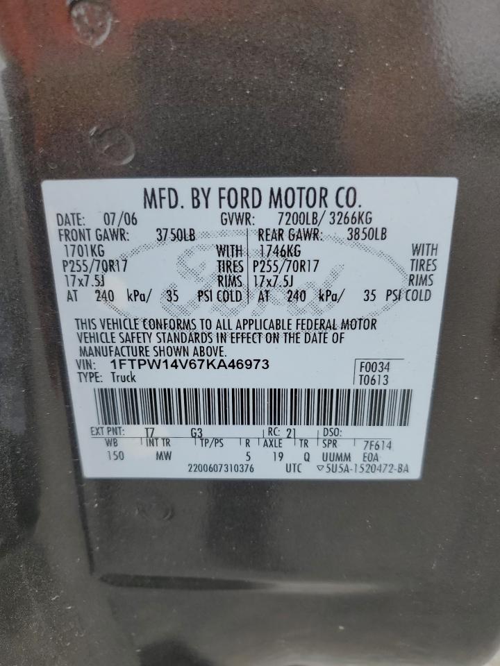 2007 Ford F150 Supercrew VIN: 1FTPW14V67KA46973 Lot: 80336575