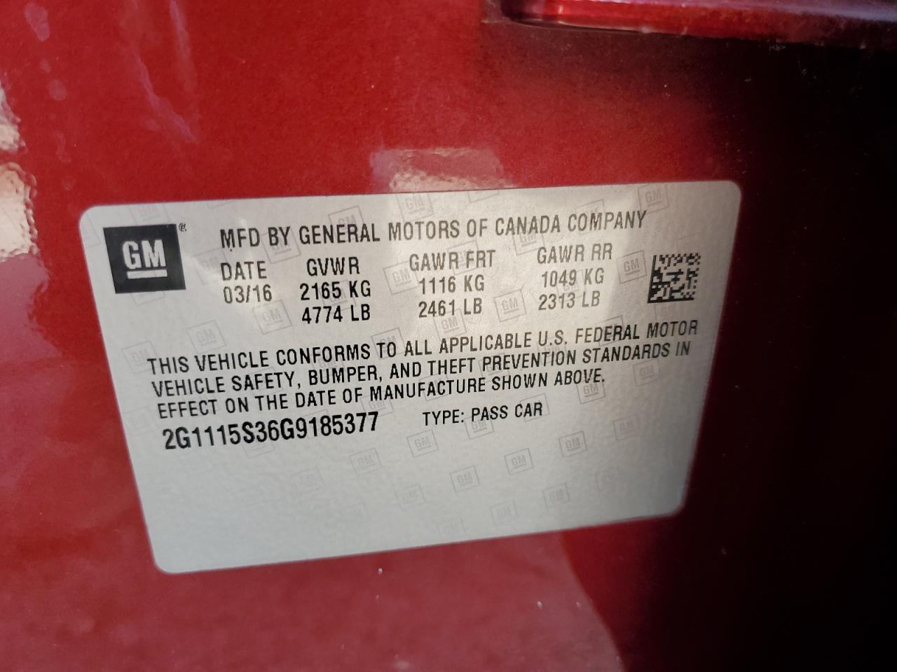 2016 Chevrolet Impala Lt VIN: 2G1115S36G9185377 Lot: 81002215