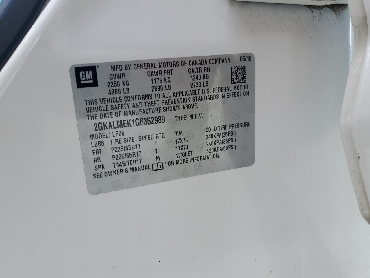 2016 GMC Terrain Sle VIN: 2GKALMEK1G6352989 Lot: 80258965