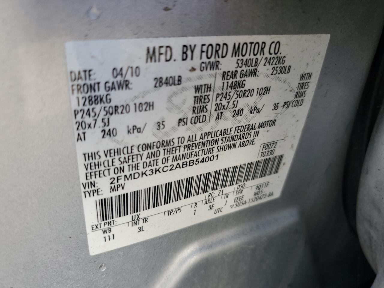 2010 Ford Edge Limited VIN: 2FMDK3KC2ABB54001 Lot: 72069095