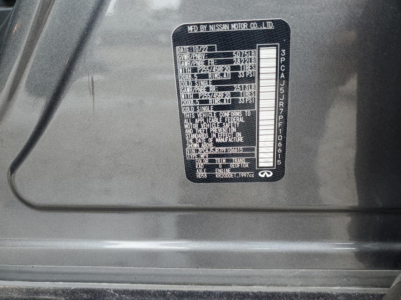 2023 Infiniti Qx55 Luxe VIN: 3PCAJ5JR7PF106615 Lot: 83838635