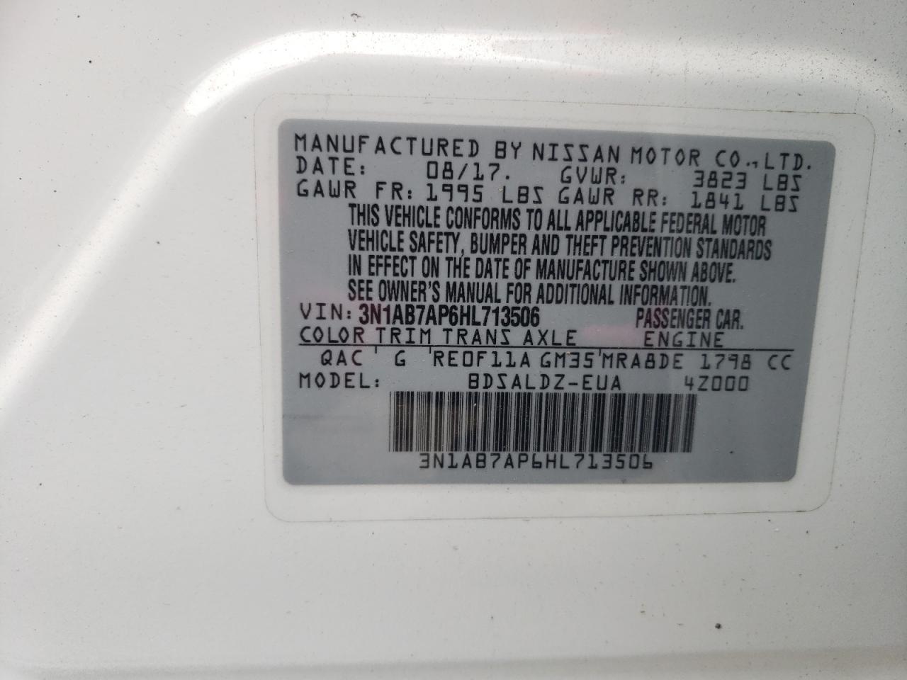 2017 Nissan Sentra S VIN: 3N1AB7AP6HL713506 Lot: 80883245