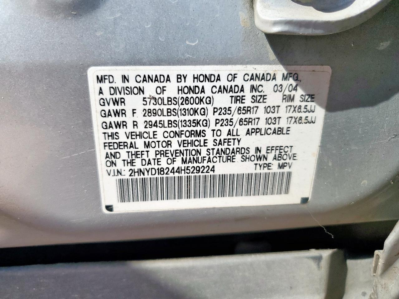 2004 Acura Mdx VIN: 2HNYD18244H529224 Lot: 84481295