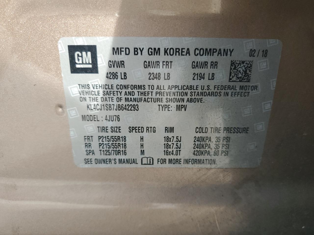 2018 Buick Encore Sport Touring VIN: KL4CJ1SB7JB642293 Lot: 81603075