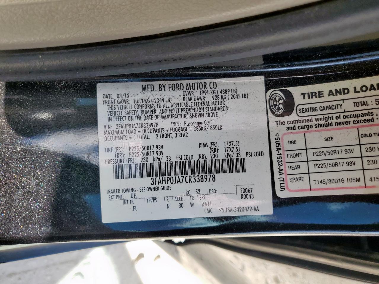 2012 Ford Fusion Sel VIN: 3FAHP0JA7CR338978 Lot: 84055355